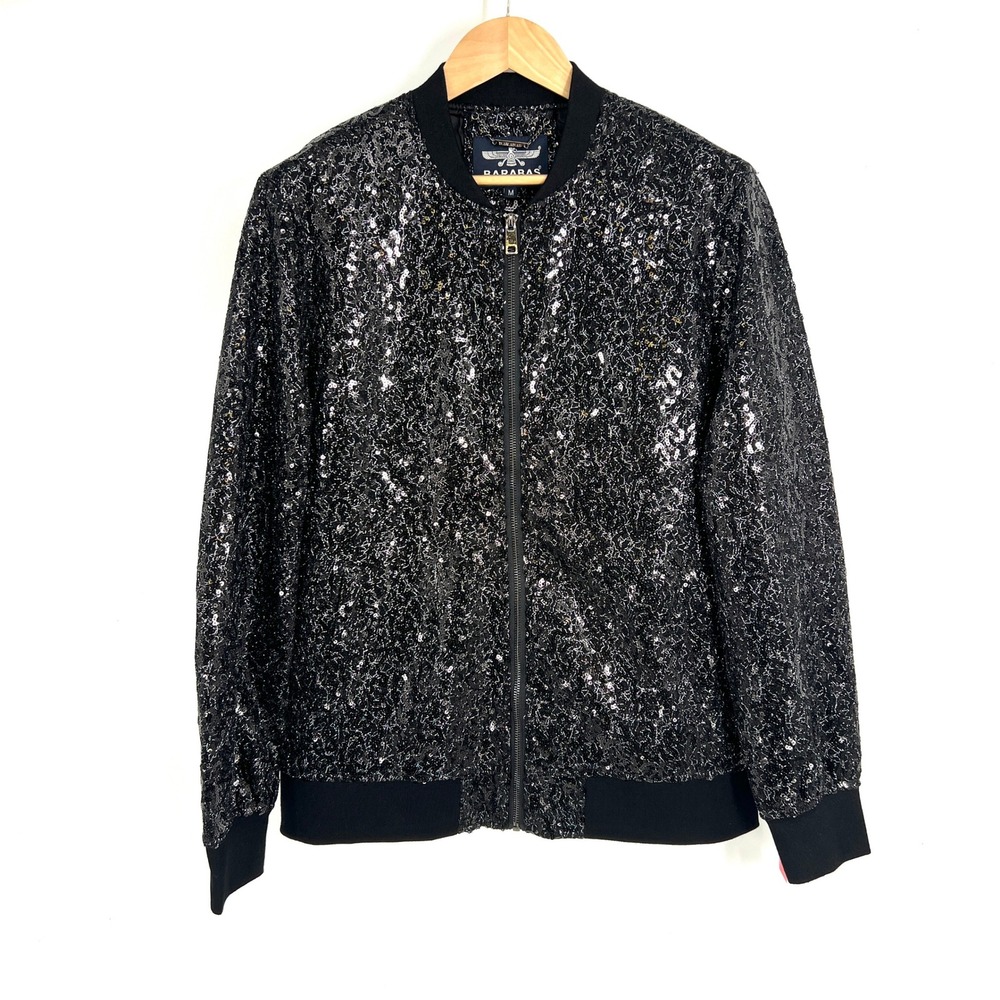 Barabas Mens Black Sequin Bomber Jacket Size M Full Zip Party Clubwear Blazer